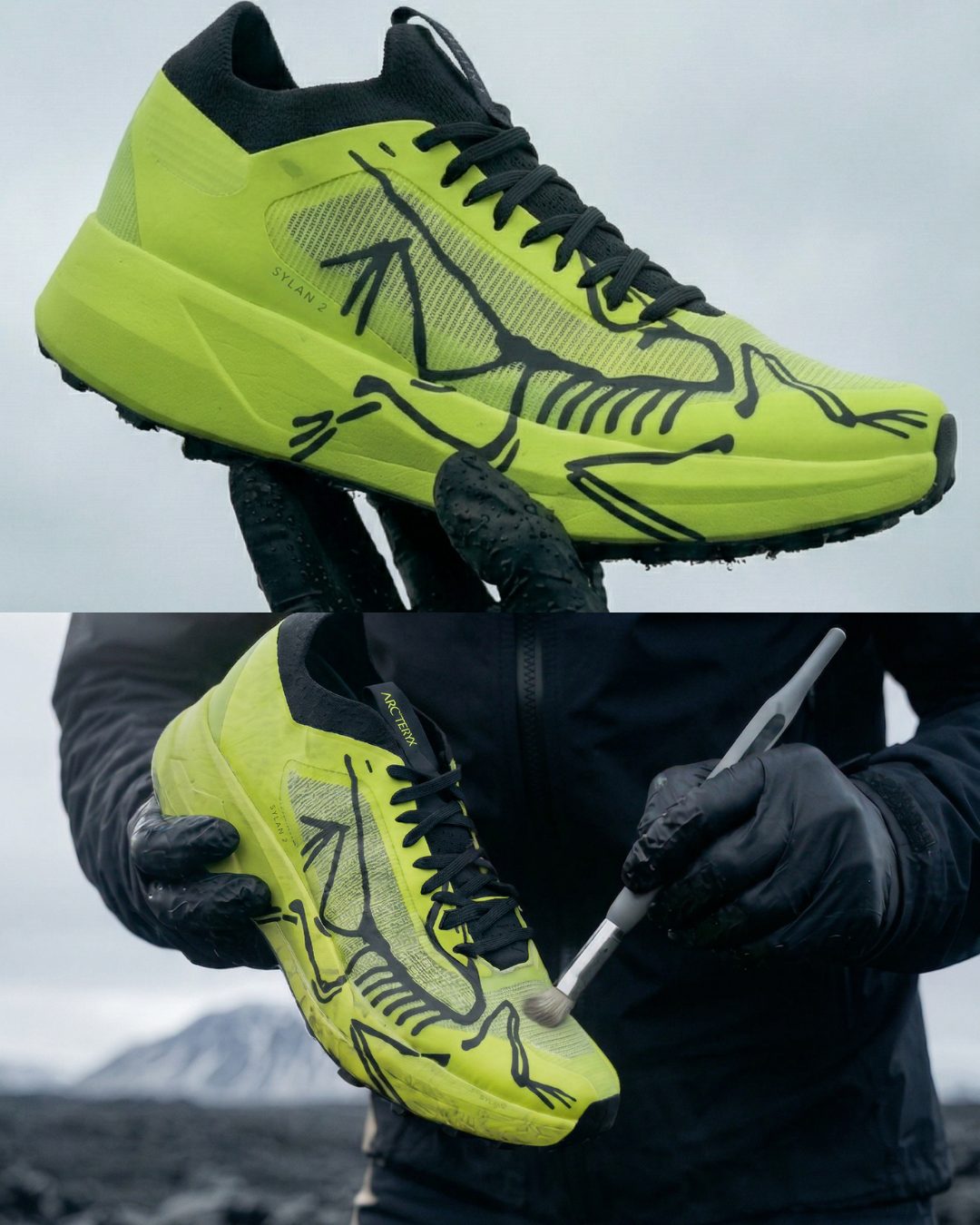 Chaussure nettoyée au pinceau sur le terrain