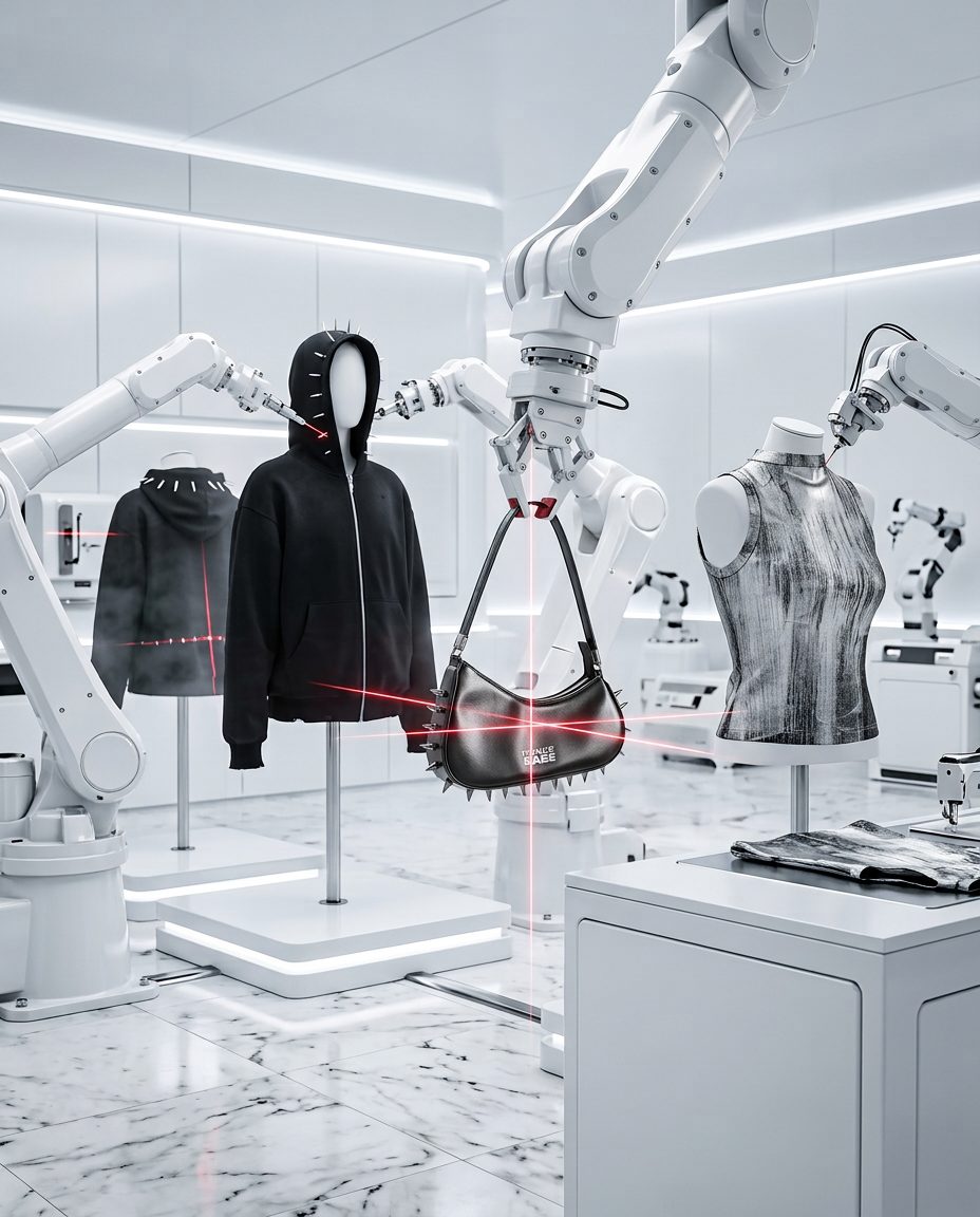 Sac et vêtements exposés dans un laboratoire robotisé