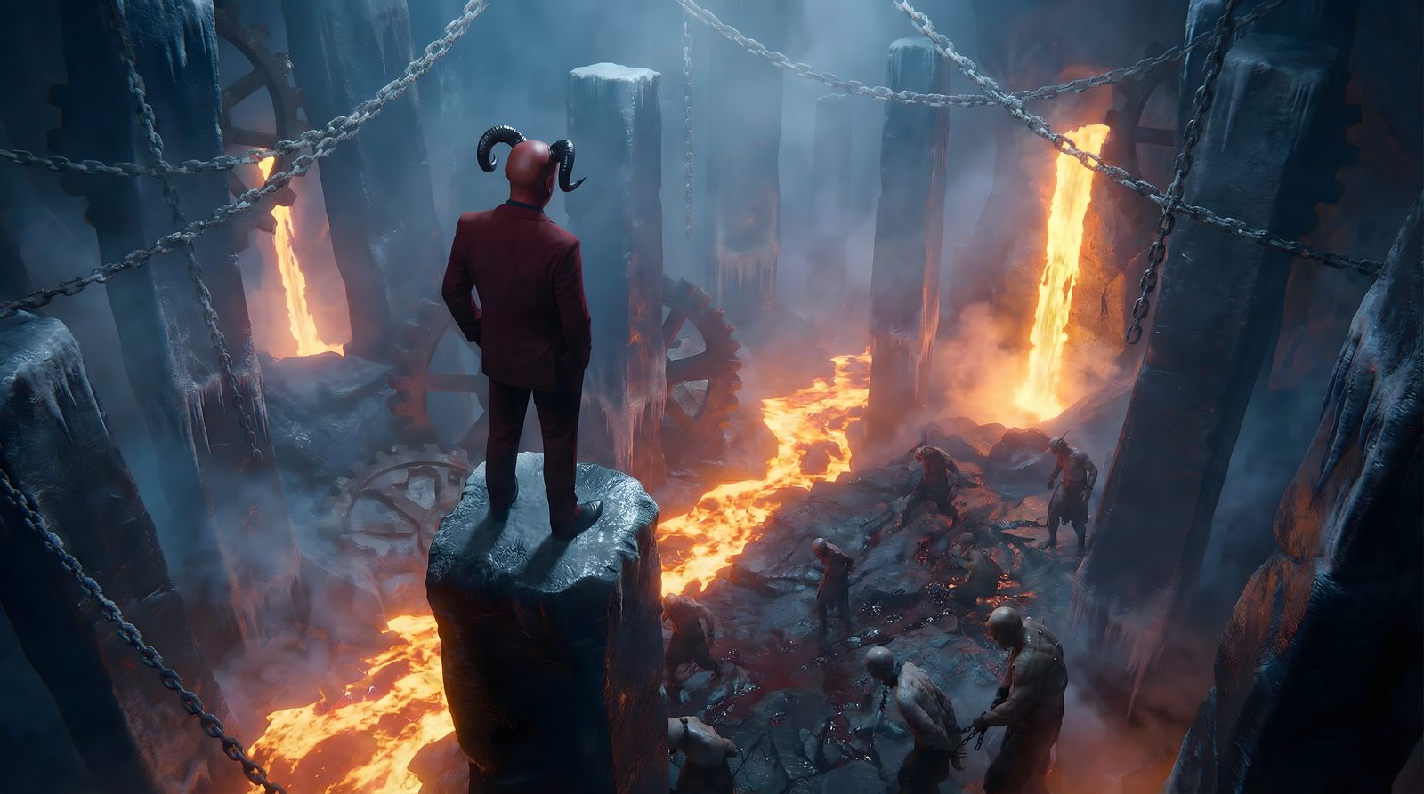 Le Diable de dos face à un paysage infernal froid