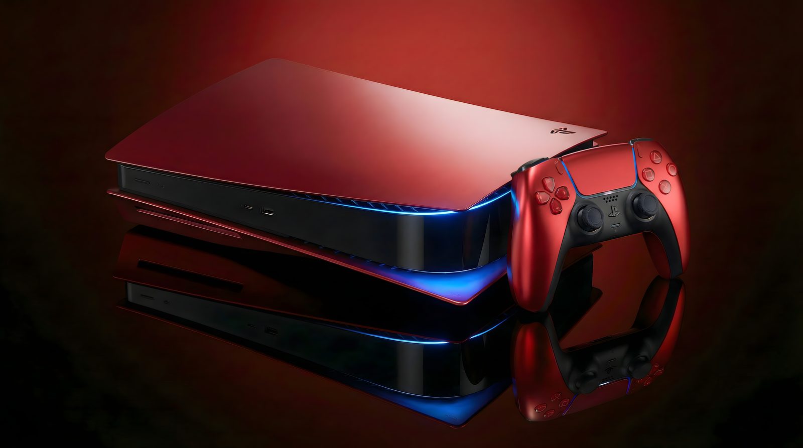 Console PS5 rouge et manette en lumière tranchante